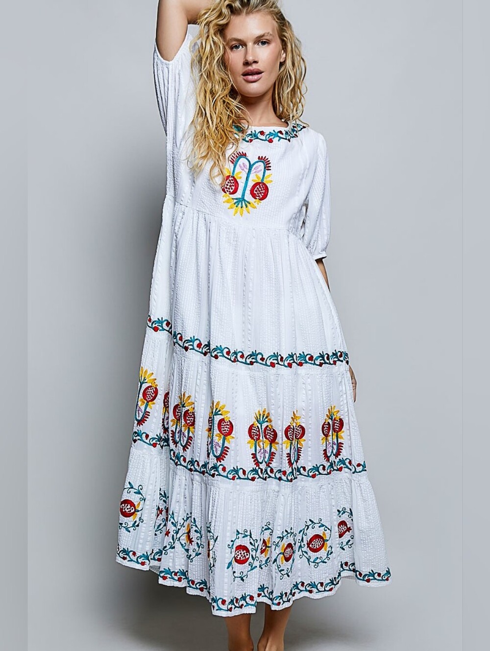 1-0604 POL White Embroidered Maxi Dress with Colorful Floral Motif Scandi Style